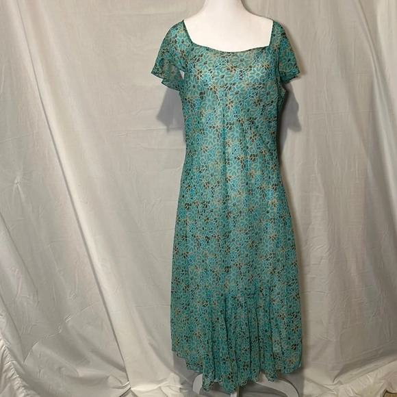 blue brown yellow white floral & geometric print Cato dress size 14 - Picture 1 of 4